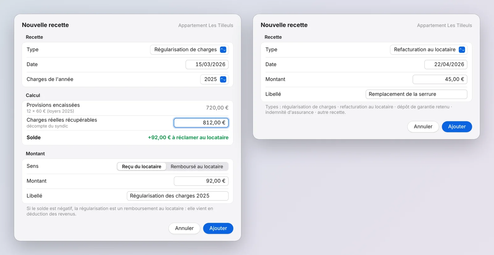 Saisie d'une régularisation de charges : 720 € de provisions, 812 € de charges réelles, solde de 92 € à réclamer.
